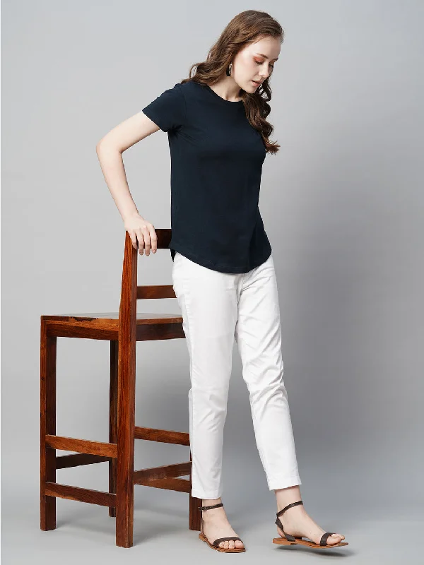 Women's Navy Cotton Regular Fit Tshirt