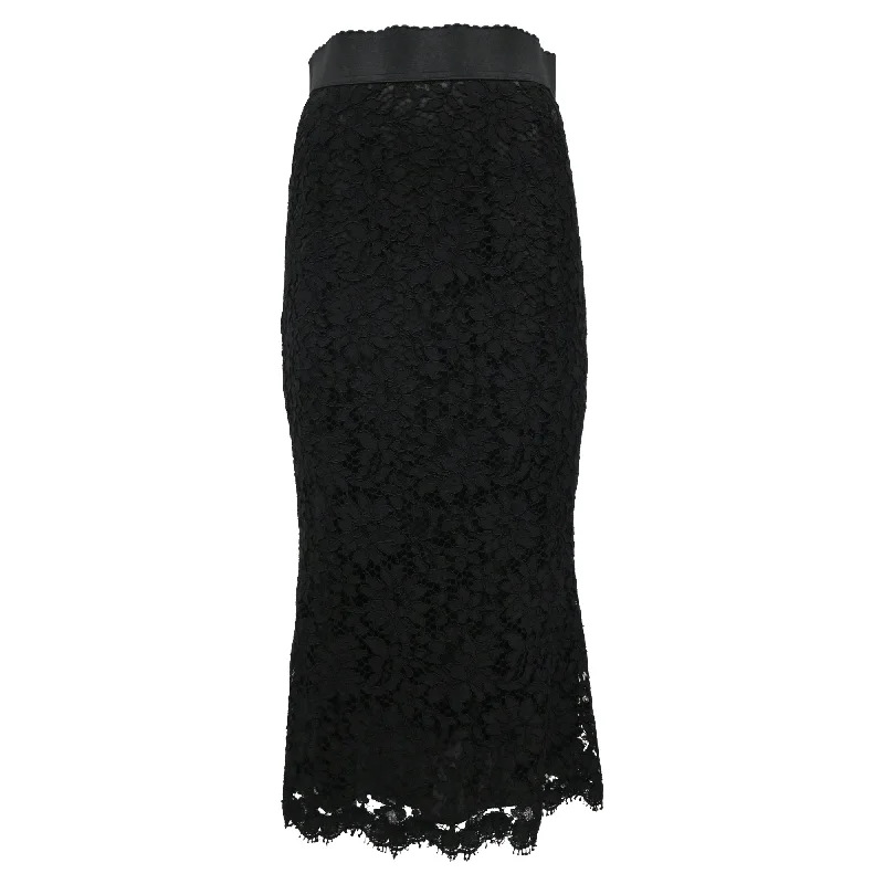 Dolce & Gabbana Floral-Lace Midi Skirt in Black Cotton