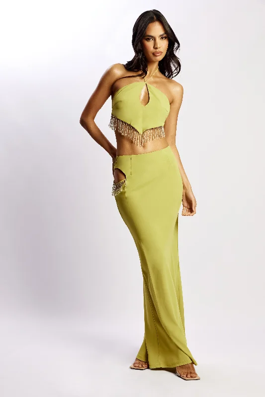 Jayleen Maxi Skirt With Fringe - Chartreuse