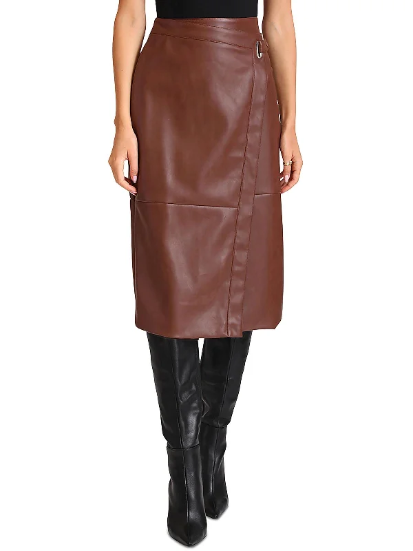 Womens Faux Leather A-Line Midi Skirt