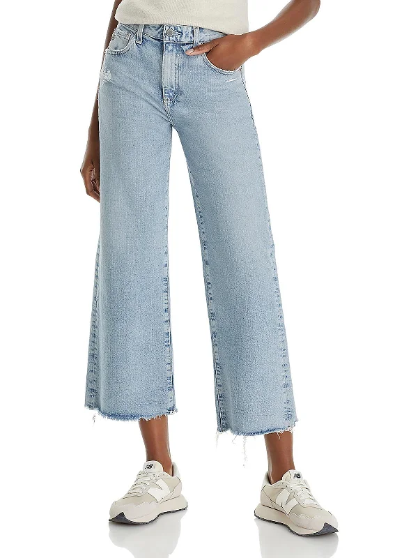 Womens Cropped Distressed Wide Leg Jeans