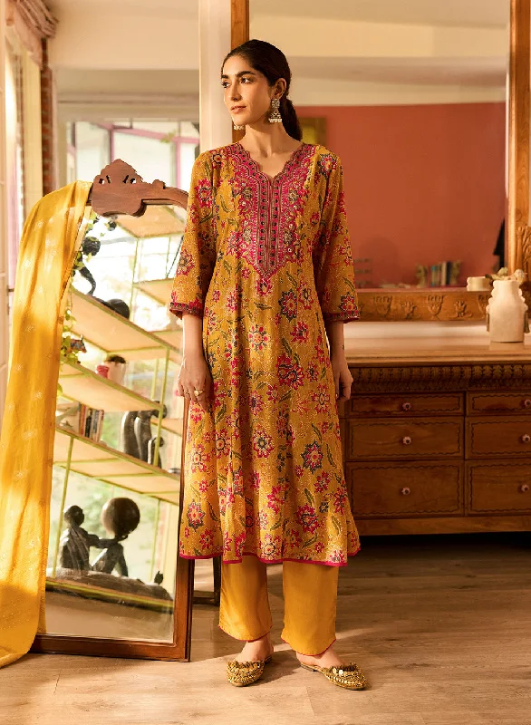 Alisha Mustard Printed Cotton Kurta Set