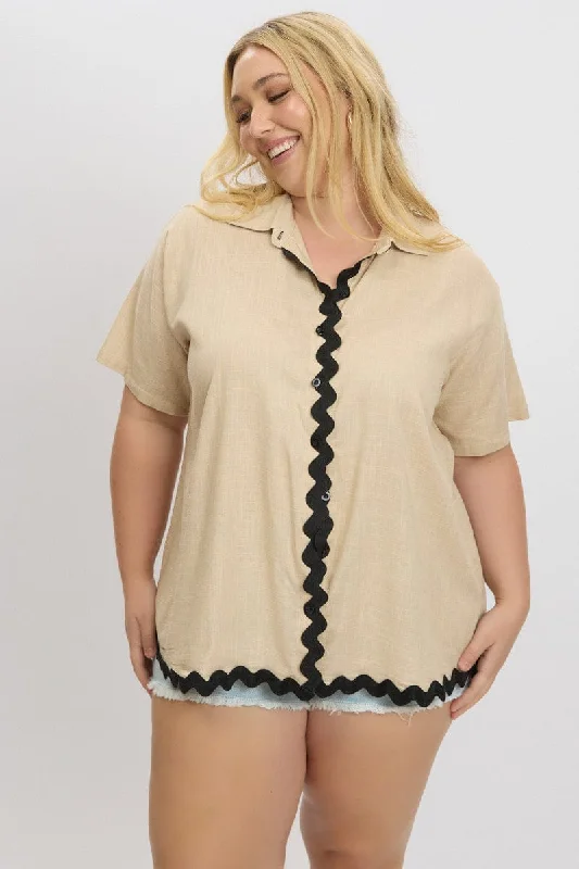 Beige Ric Rac Shirt Short Sleeve Linen Blend