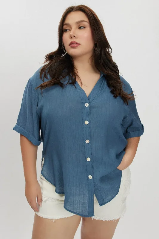 Blue Textured Shirt Short Sleeve