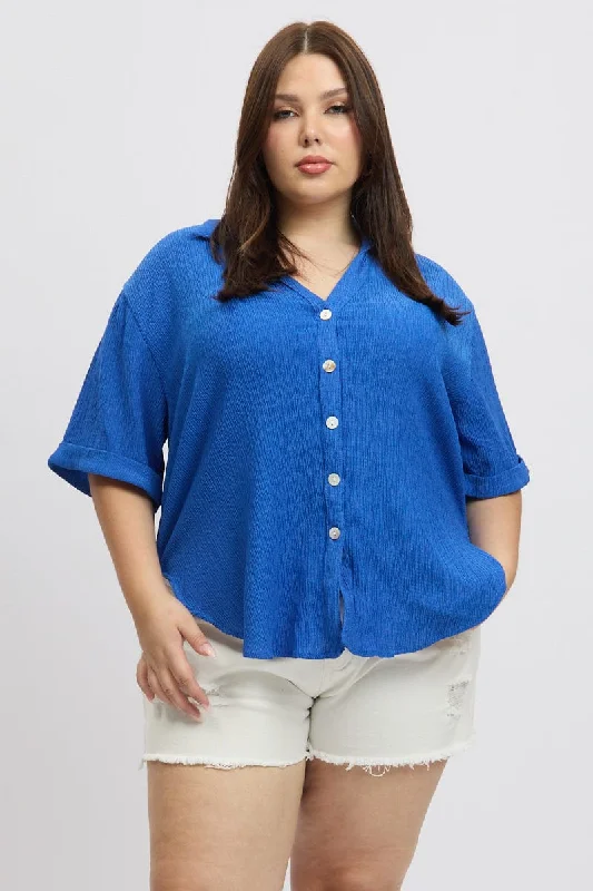 Blue Textured Shirt Short Sleeve