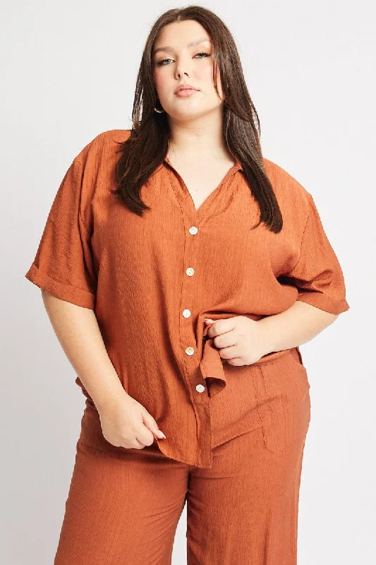 Brown Textured Shirt Short Sleeve