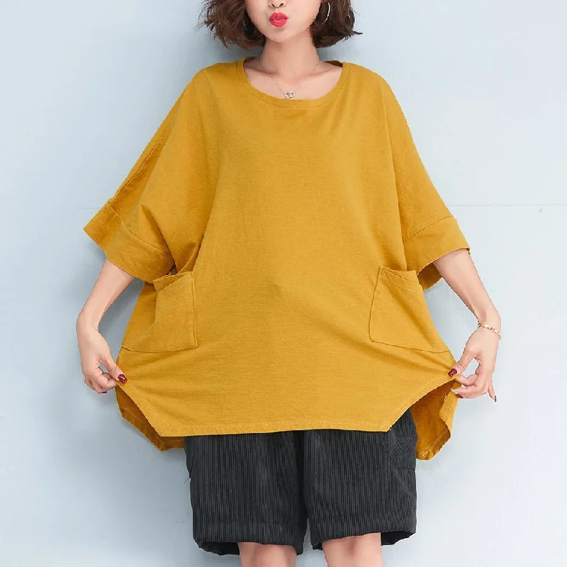 fashion yellow pure linen tops oversized casual cardigans Elegant side open big pockets midi tops