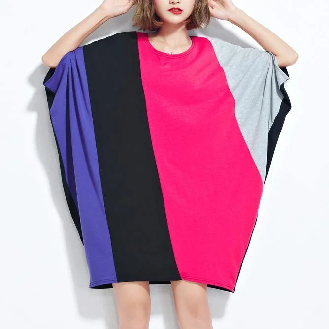 Fine Three Color Cotton Dresses Oversized Batwing Sleeve Patchwork Knee Dresses