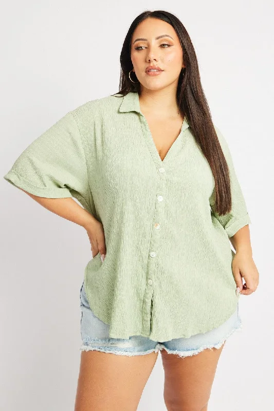 Green Relaxed Shirt Short Sleeve Textured