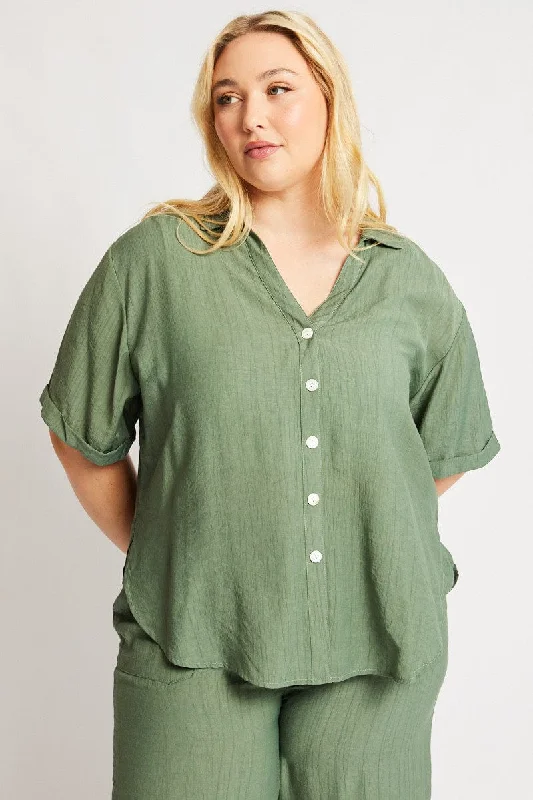 Green Textured Shirt Short Sleeve