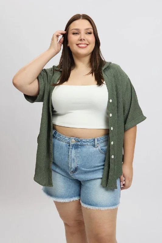 Green Textured Shirt Short Sleeve