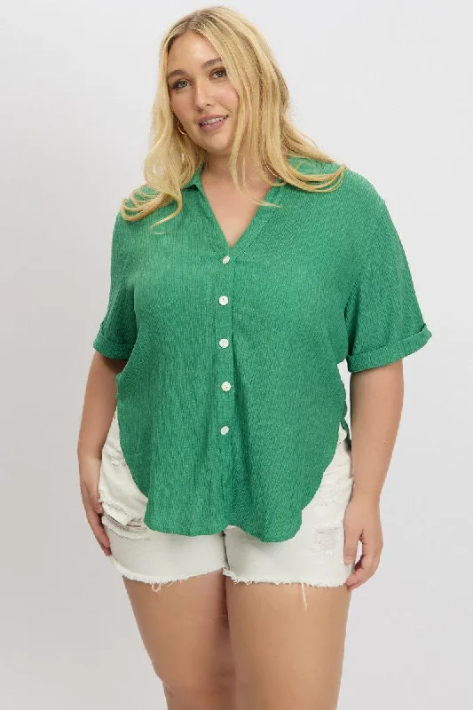 Green Textured Shirt Short Sleeve