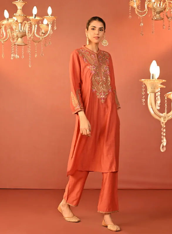 Mohiba Orange Embroidered Co-ord Set for Women