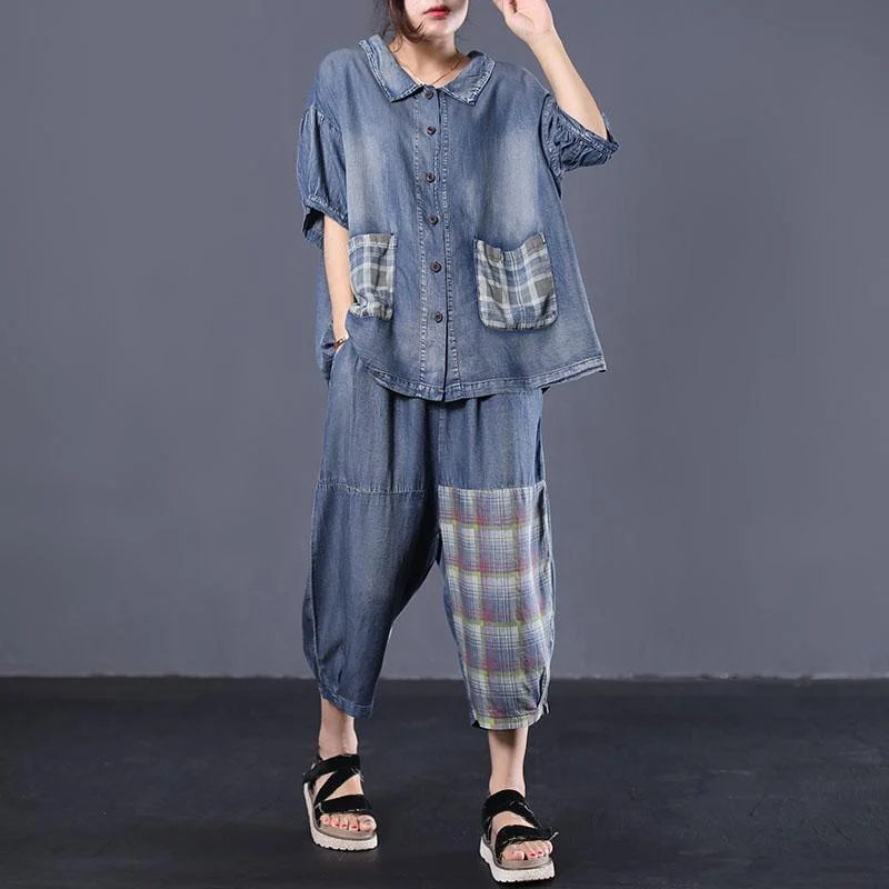 new loose literary wash old stitching denim two pieces