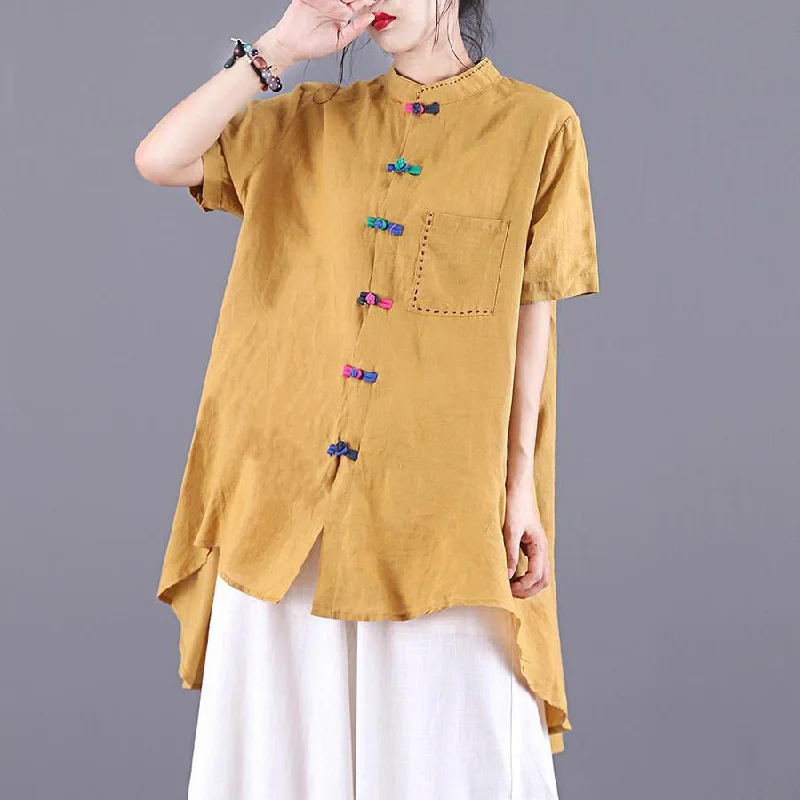 Organic asymmetric stand collar linen clothes For Women Shape yellow tops summer