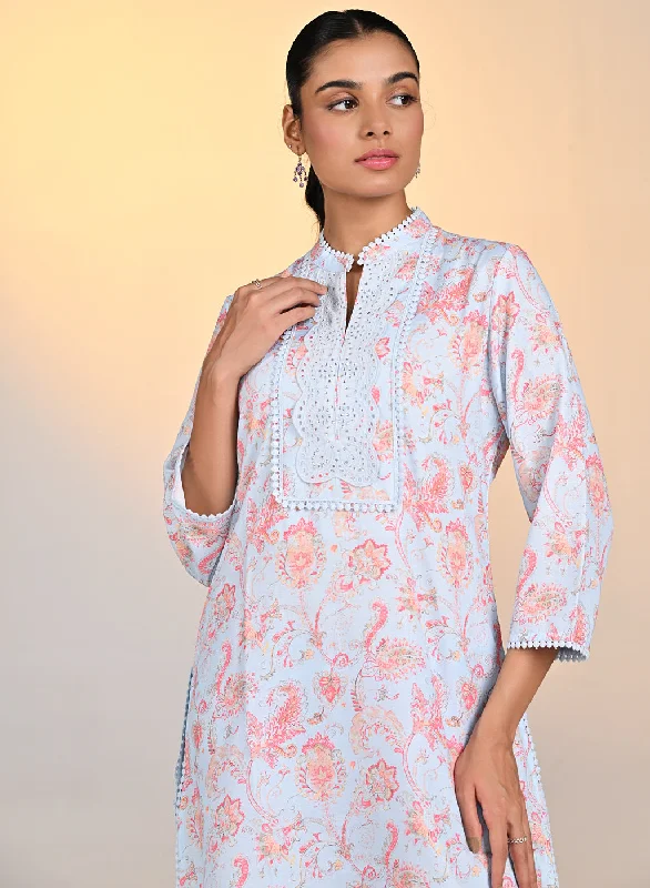 Roshna Airforce Blue Printed Cotton Linen Kurta Set For Women