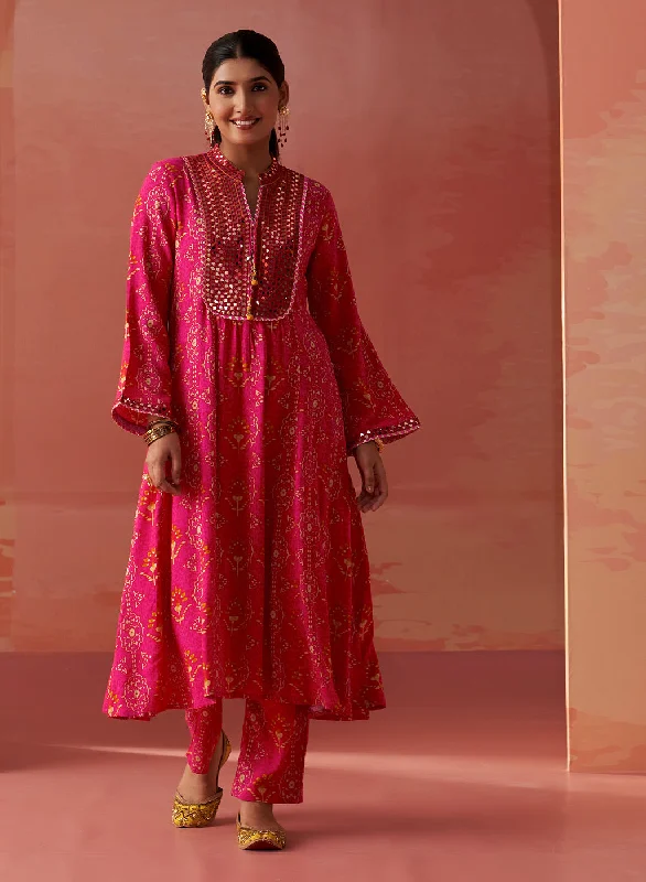 Sania Fuchsia PinkPrinted Rayon Kurta Set