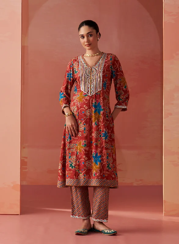 Shibra Brick Red Printed Rayon Kurta Set