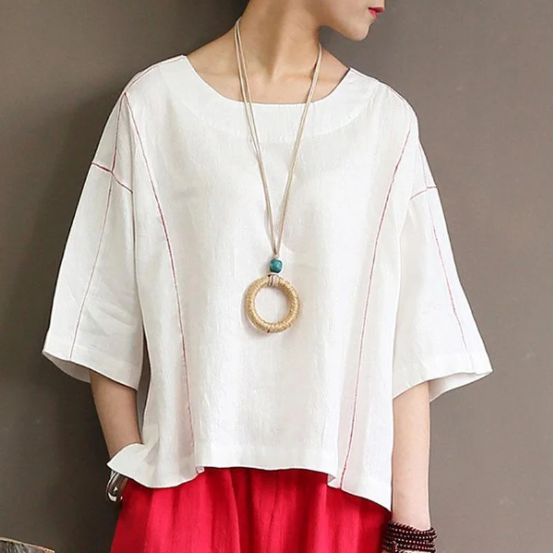 top quality linen tops casual Loose Round Neck 12 Sleeve Women White Tops