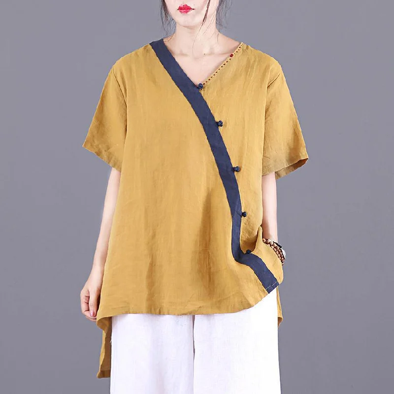 Women v neck patchwork linen clothes For Women Outfits yellow tops summer