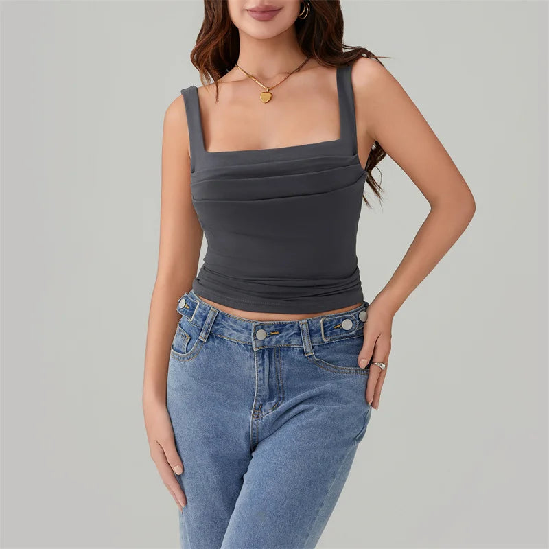 Y2k Casual Solid Color Square Collar Sleeveless Basic Streetwear Crop Top