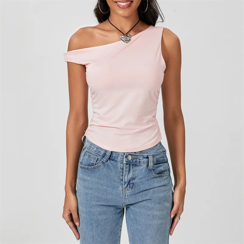 Y2k Solid Color Oblique Shoulder Sleeveless Aesthetic Summer Streetwear Crop Top