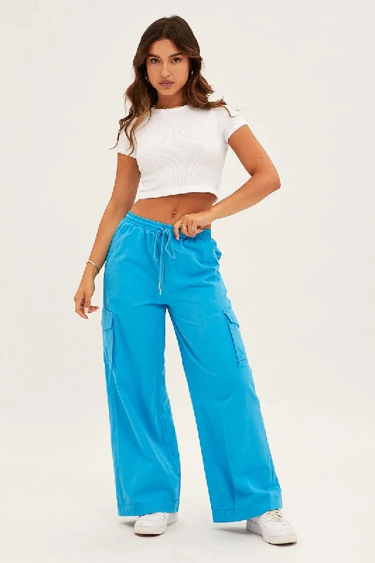 Blue Cargo Pant Wide Leg Elastic Waist Cotton Twill