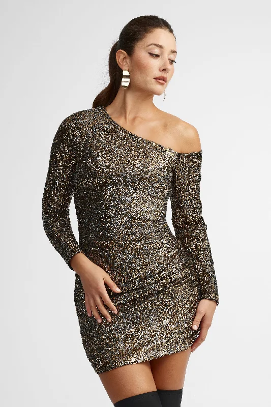 Robe asymétrique épaule dénudée à paillettes - Femme