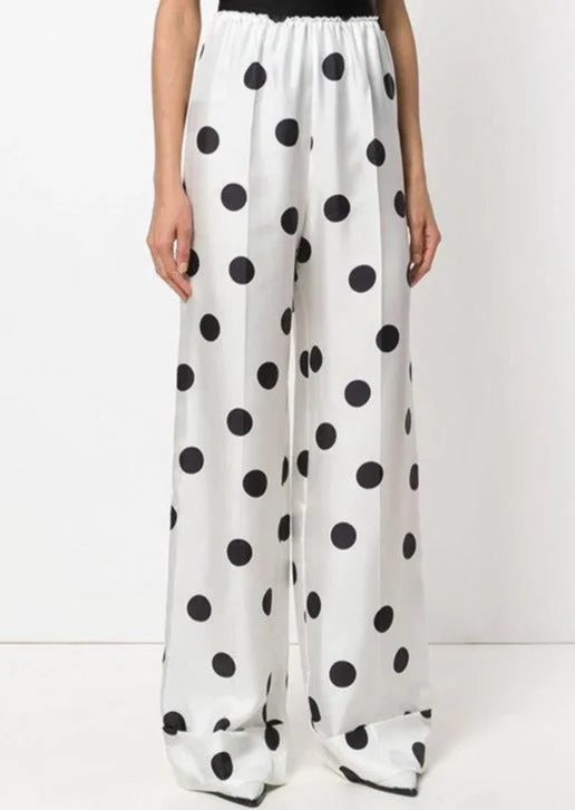 Summer White Dotted Casual Trousers Elastic Waist Women Wide Leg Pants