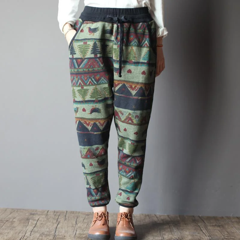 Vintage print women winter pants velour trousers capris