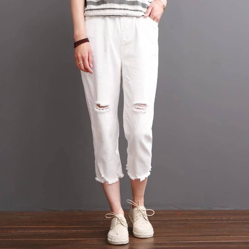 White cotton pants summer crop pants women