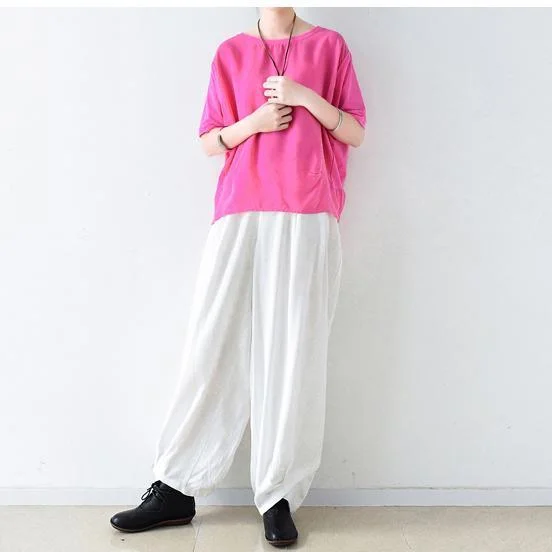 White fine silk pants oversized linen harem pants elastic waist trousers