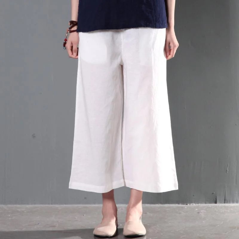 White plus size linen trousers women summer pants wide leg crop pants