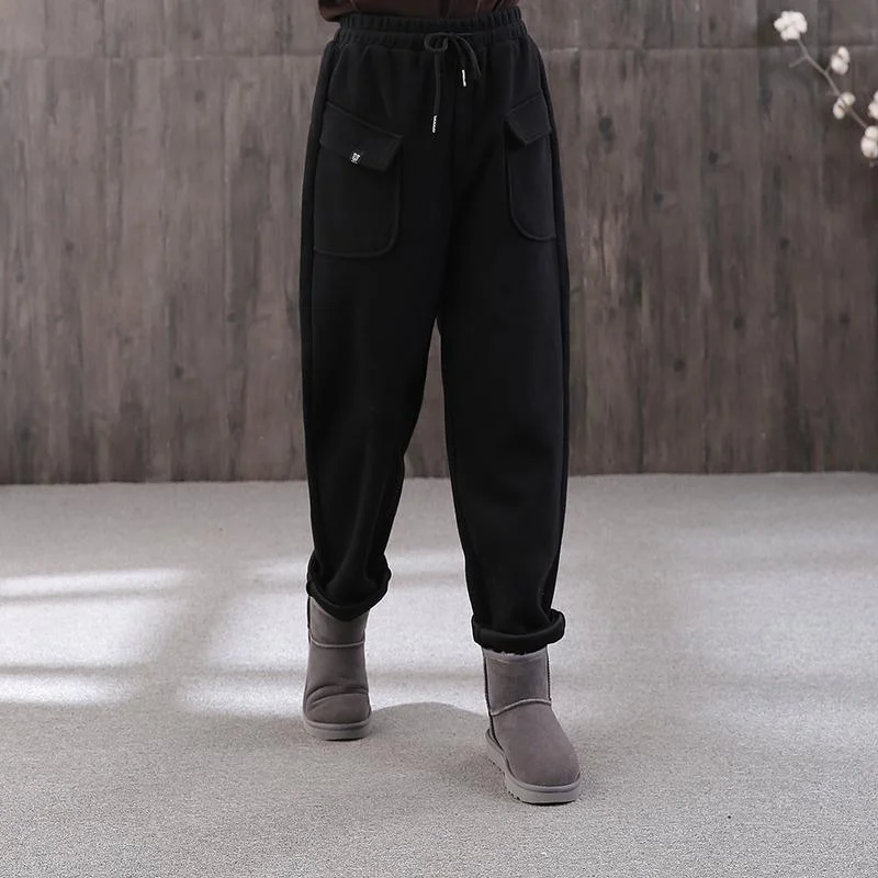 winter black cotton wild straight pants elastic waist drawstring trousers