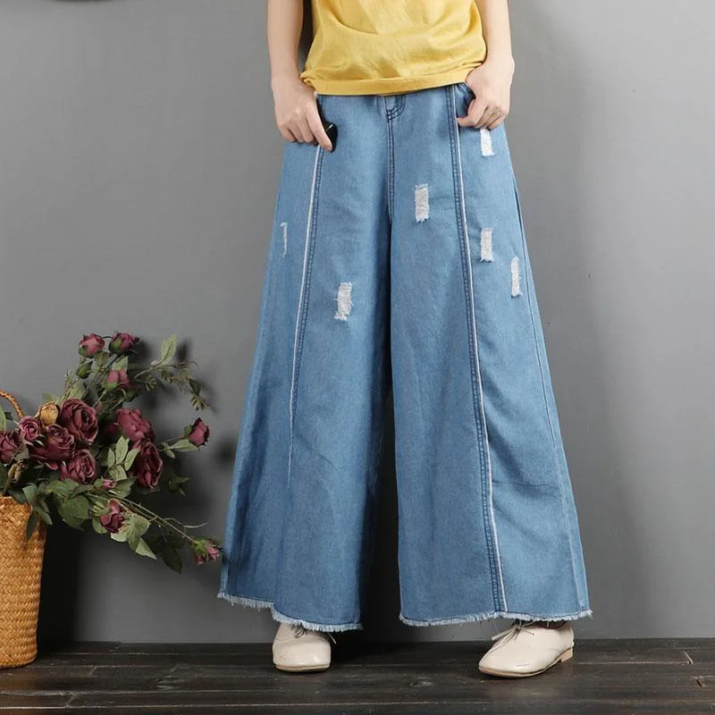 women casual denim blue wide leg pants loose elastic waist slim straight pants