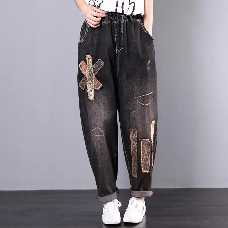 women fall loose cotton black pants casual Appliques denim harem pants