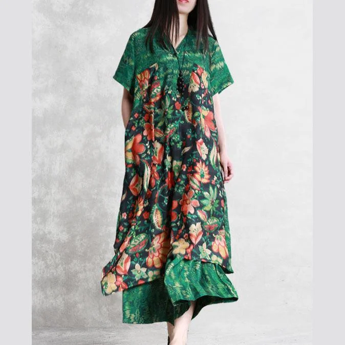 women green print v neck asymmetric top and elastic waist wide leg pants