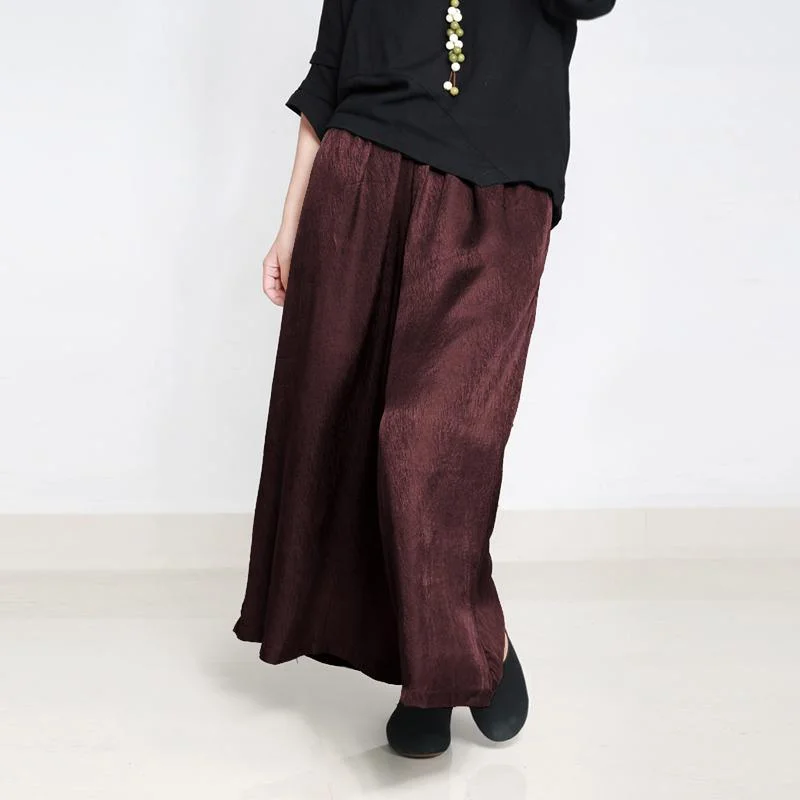 women new elastic waist long burgundy wide leg pants