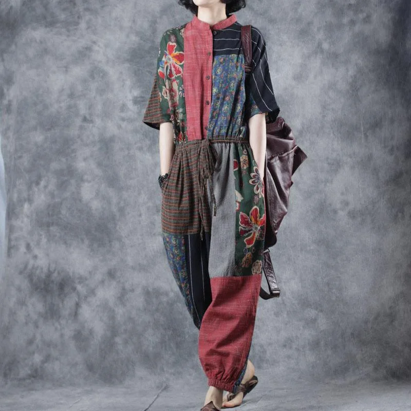 women prints patchwork linen short sleeve casual drawstring wide leg pants