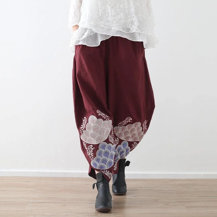 women red embroidery cotton linen pants loose vintage casual wide leg pants