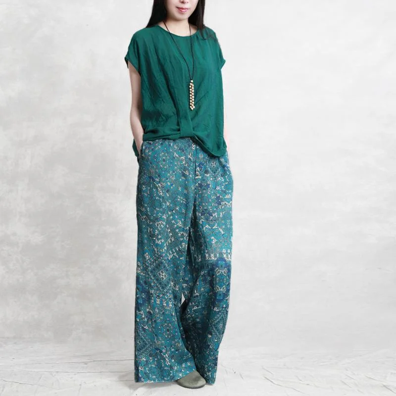 Women's retro blue print pure linen wide leg pants 2019 summer thin section loose casual long pants