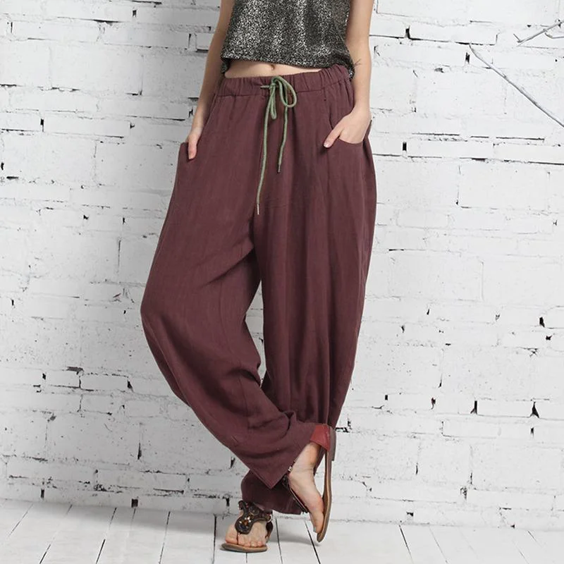 Wowen New Cotton Linen Thin Casual High Waist Pants