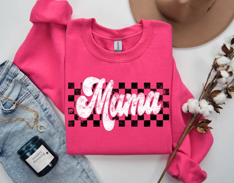 Distressed Checkered MAMA Sweatshirt - Pink