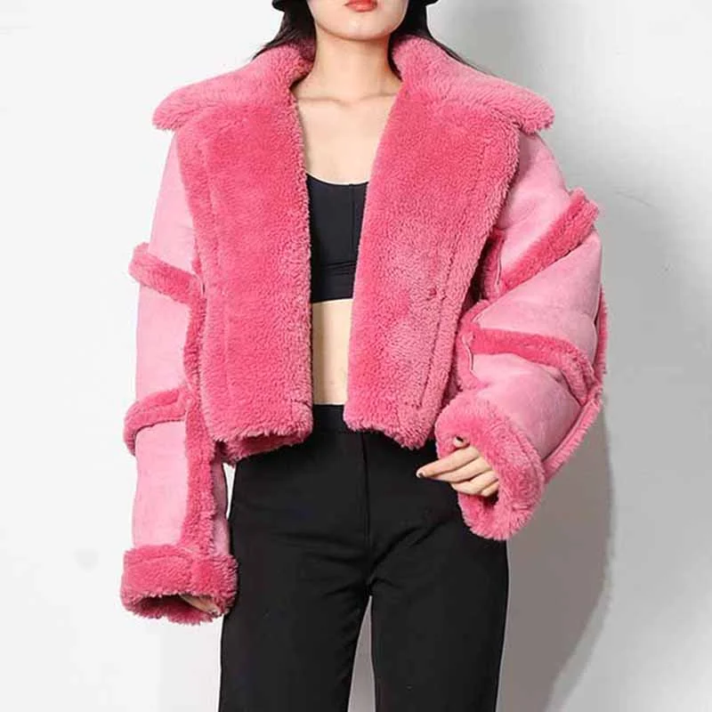 Lapel Collar patchwork lamb short woolen jacket for women