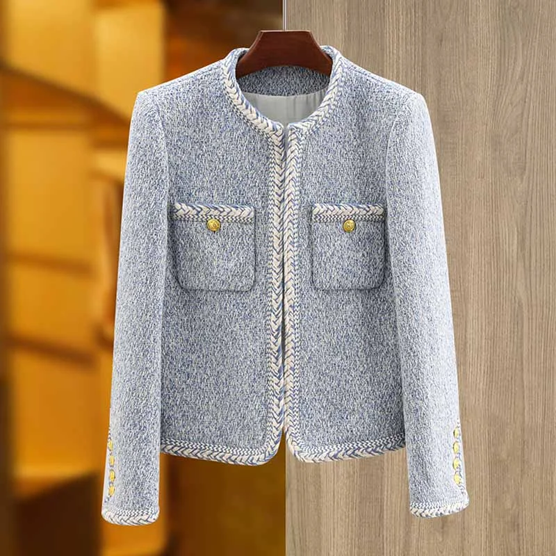 Luxury tweed autumn winter coat blue tweed woolen cloth jacket