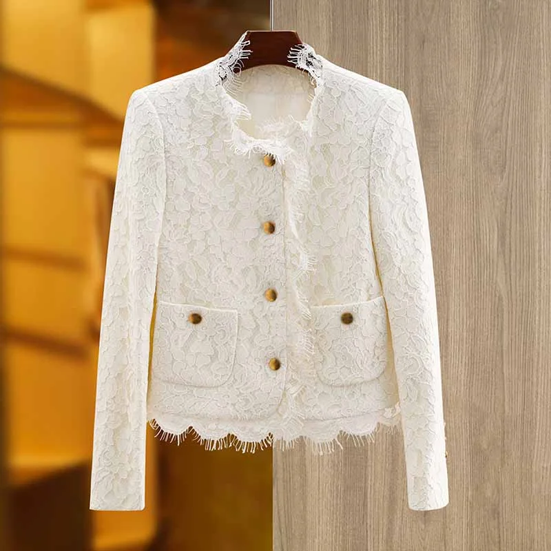 Luxury white lace coat wedding jacket with pocket