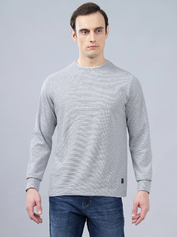 Men's Grey Self Design Full Sleeves T-shirt For Winter