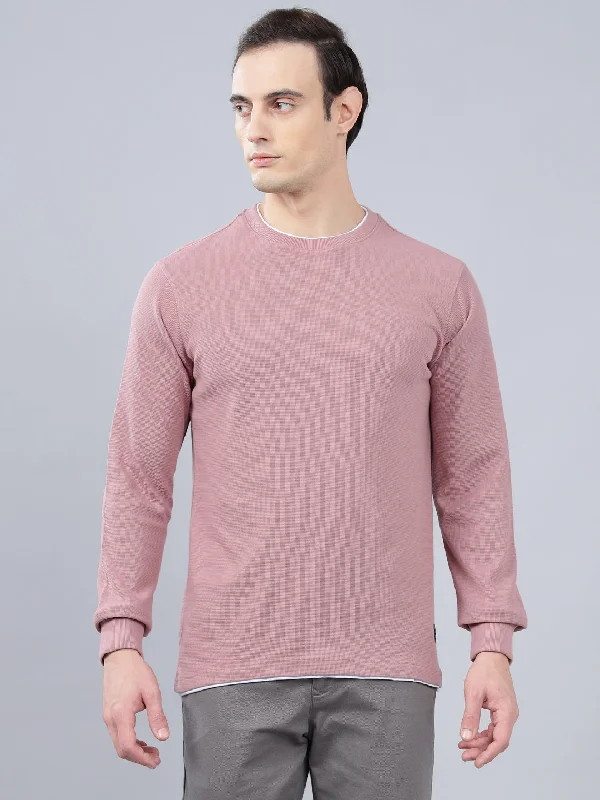 Men's Pink Self Design Full Sleeves T-shirt For Winter