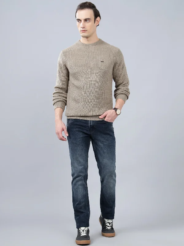 Men's Solid Beige Full Sleeve Sweater