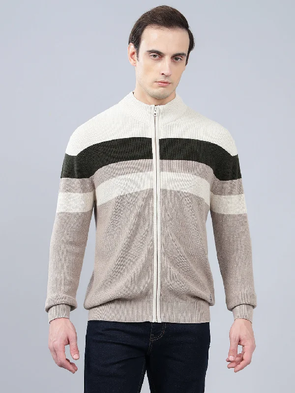 Men's Striped Beige Full Sleeve Sweater